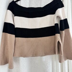 Striped Off-Shoulder Sweater - Black, White, Tan